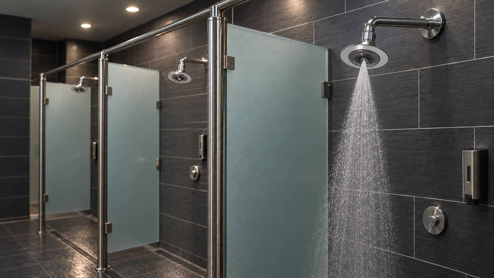 PREMIUM fixed head with a broad chrome rim and a single central spray in a charcoal-tiled gym shower cubicle