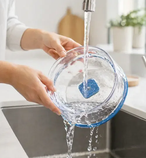 Hands rinsing the MOLECULE bowl with water at the sink
