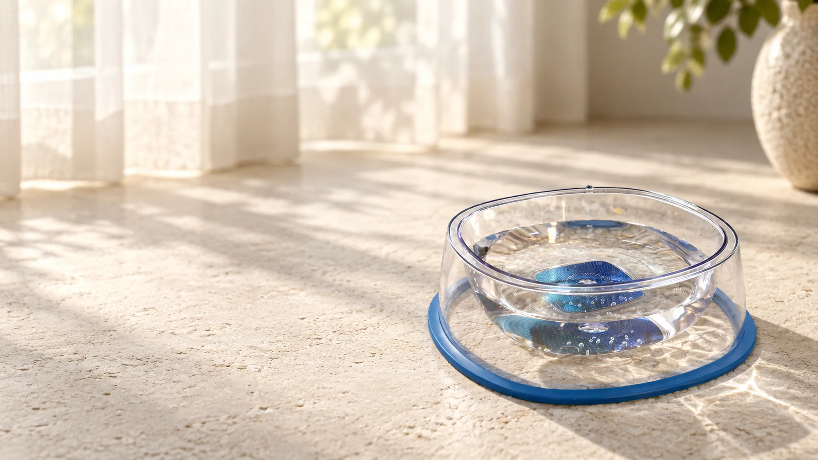 A clear, double-walled MOLECULE bowl with a blue base resting in soft window light